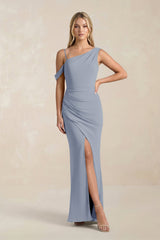 One - Shoulder Sheath Ruched Bridesmaid Dress With Slit in Twilight - KISS BRIDAL Bridesmaid Dresses