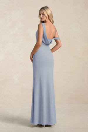 One - Shoulder Sheath Ruched Bridesmaid Dress With Slit in Twilight - SHE IS ME Bridesmaid Dresses