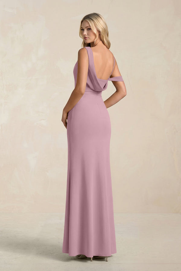 One-Shoulder Sheath Ruched Bridesmaid Dress With Slit in Vintage Mauve (2) | KISSBRIDAL