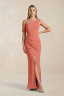 One - Shoulder Sheath Ruched Bridesmaid Dress With Slit in Wild Rose - SHE IS ME Bridesmaid Dresses