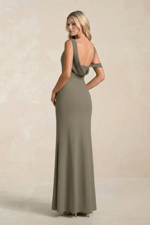 One - Shoulder Sheath Ruched Bridesmaid Dress With Slit in Willow Green - SHE IS ME Bridesmaid Dresses