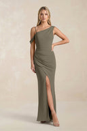 One - Shoulder Sheath Ruched Bridesmaid Dress With Slit in Willow Green - SHE IS ME Bridesmaid Dresses