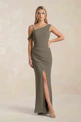 One - Shoulder Sheath Ruched Bridesmaid Dress With Slit in Willow Green - KISS BRIDAL Bridesmaid Dresses