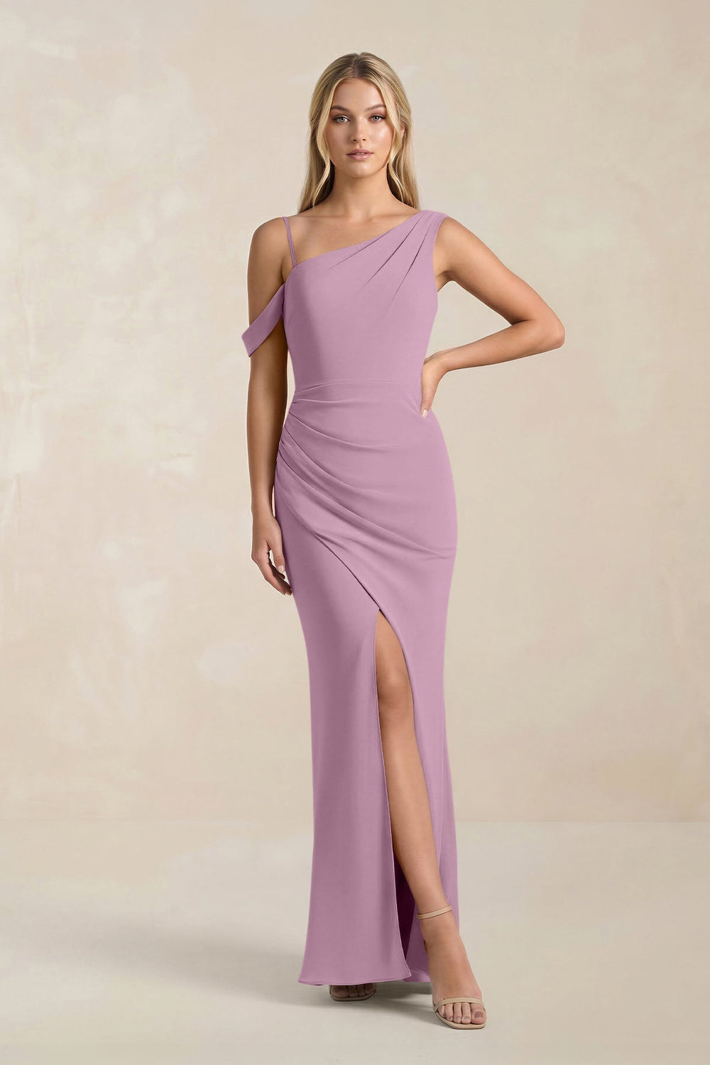 One - Shoulder Sheath Ruched Bridesmaid Dress With Slit in Wisteria - KISS BRIDAL Bridesmaid Dresses