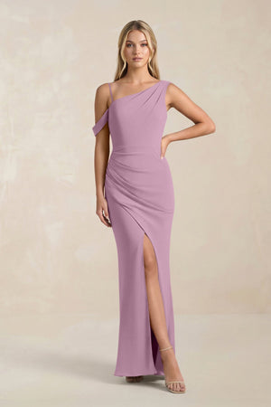 One - Shoulder Sheath Ruched Bridesmaid Dress With Slit in Wisteria - SHE IS ME Bridesmaid Dresses