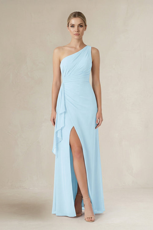 One - Shoulder Sheath Ruched Ruffled Bridesmaid Dress - KISS BRIDAL Bridesmaid Dresses