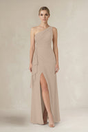 One - Shoulder Sheath Ruched Ruffled Bridesmaid Dress in Almond - SHE IS ME Bridesmaid Dresses