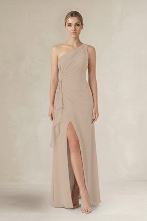 One - Shoulder Sheath Ruched Ruffled Bridesmaid Dress in Almond - SHE IS ME Bridesmaid Dresses