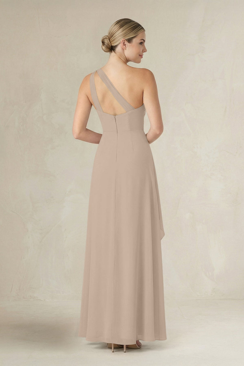 One - Shoulder Sheath Ruched Ruffled Bridesmaid Dress in Almond - SHE IS ME Bridesmaid Dresses