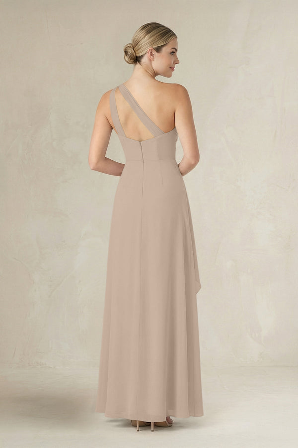 One - Shoulder Sheath Ruched Ruffled Bridesmaid Dress in Almond - SHE IS ME Bridesmaid Dresses