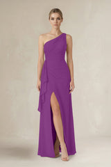 One - Shoulder Sheath Ruched Ruffled Bridesmaid Dress in Amethyst - KISS BRIDAL Bridesmaid Dresses