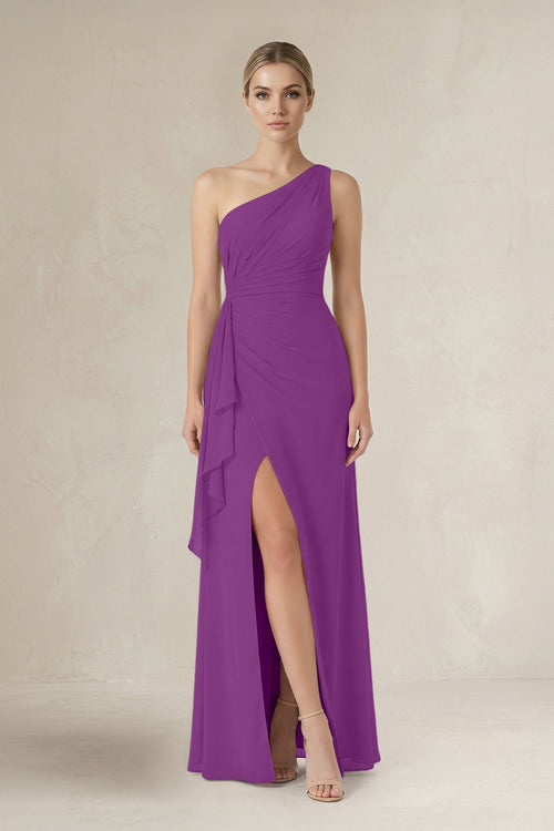 One - Shoulder Sheath Ruched Ruffled Bridesmaid Dress in Amethyst - SHE IS ME Bridesmaid Dresses
