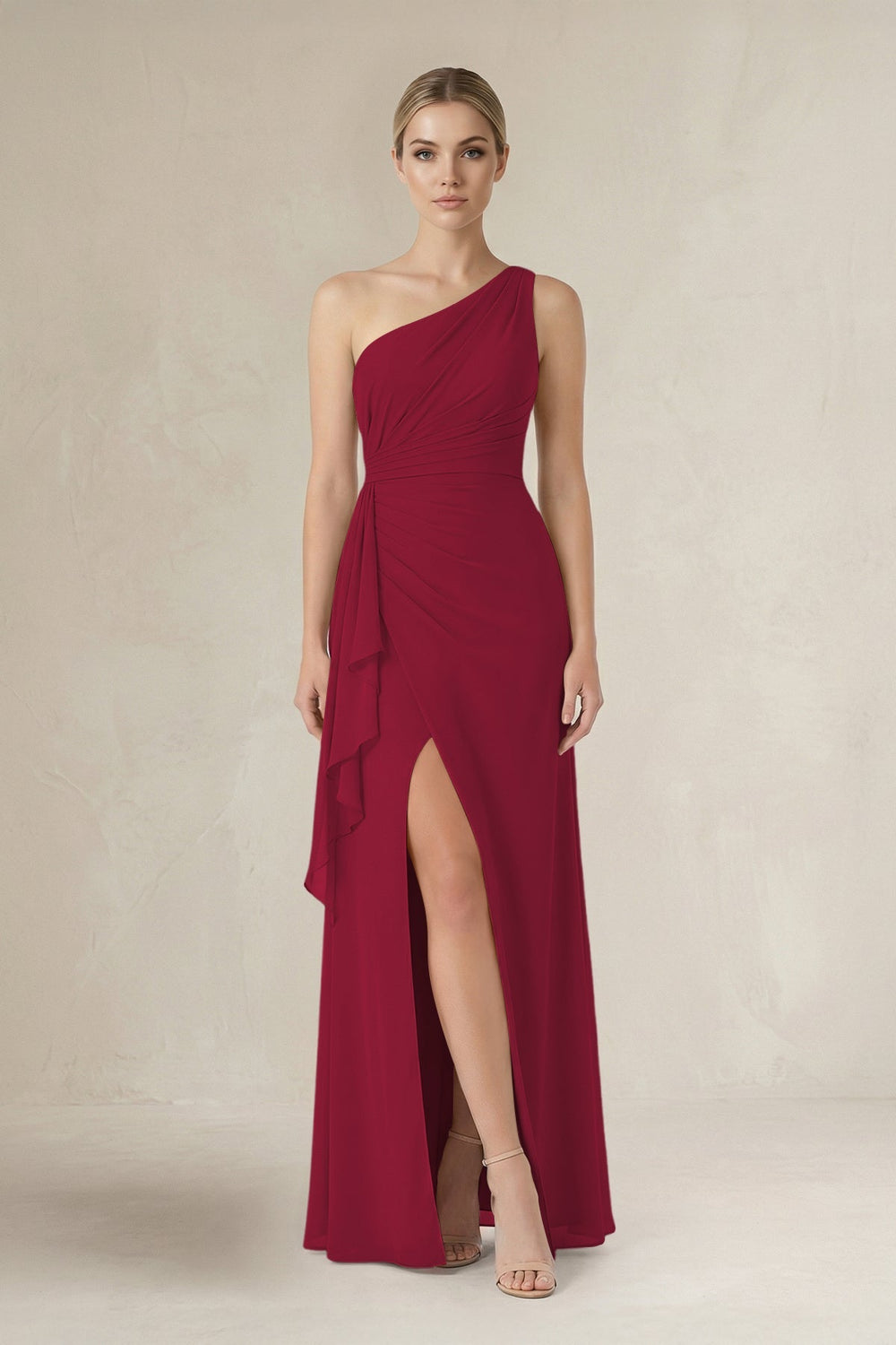 One - Shoulder Sheath Ruched Ruffled Bridesmaid Dress in Berry - KISS BRIDAL Bridesmaid Dresses