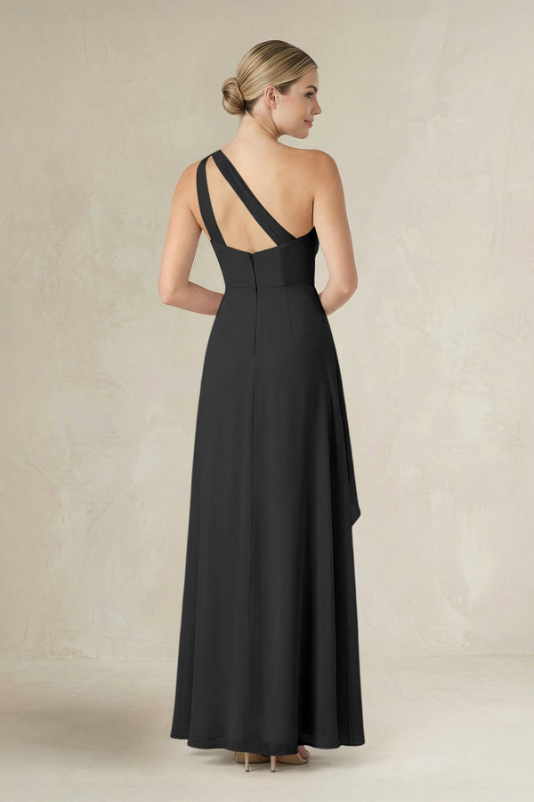 One - Shoulder Sheath Ruched Ruffled Bridesmaid Dress in Black - SHE IS ME Bridesmaid Dresses