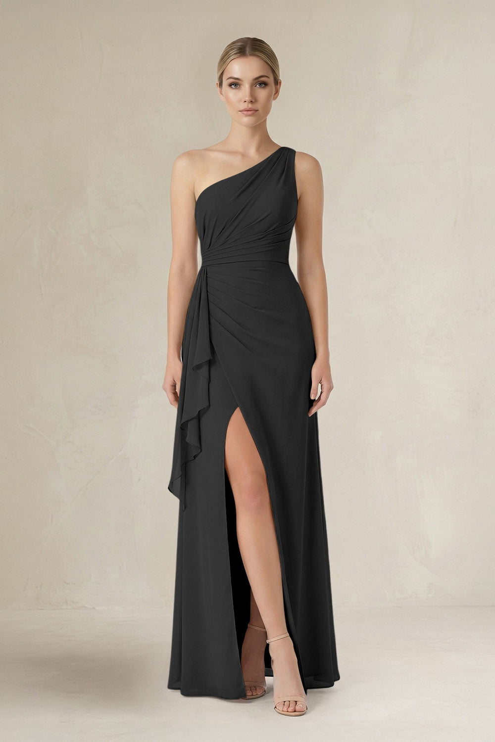 One - Shoulder Sheath Ruched Ruffled Bridesmaid Dress in Black - KISS BRIDAL Bridesmaid Dresses