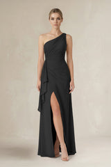 One - Shoulder Sheath Ruched Ruffled Bridesmaid Dress in Black - KISS BRIDAL Bridesmaid Dresses