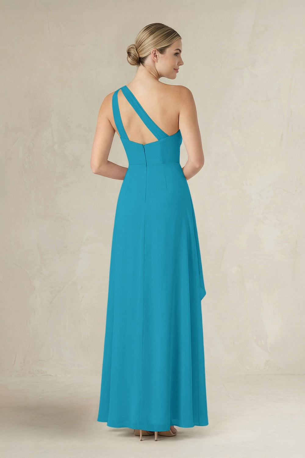 One - Shoulder Sheath Ruched Ruffled Bridesmaid Dress in Blue Jay - KISS BRIDAL Bridesmaid Dresses