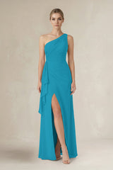 One - Shoulder Sheath Ruched Ruffled Bridesmaid Dress in Blue Jay - KISS BRIDAL Bridesmaid Dresses