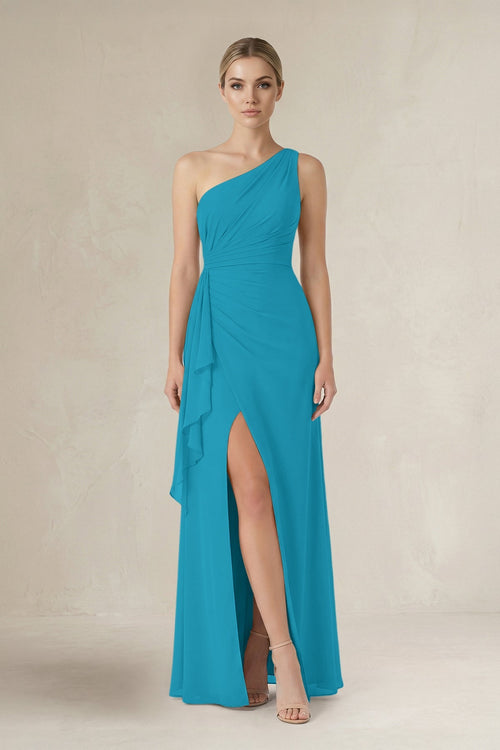 One - Shoulder Sheath Ruched Ruffled Bridesmaid Dress in Blue Jay - SHE IS ME Bridesmaid Dresses