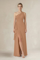 One - Shoulder Sheath Ruched Ruffled Bridesmaid Dress in Bronzer - KISS BRIDAL Bridesmaid Dresses