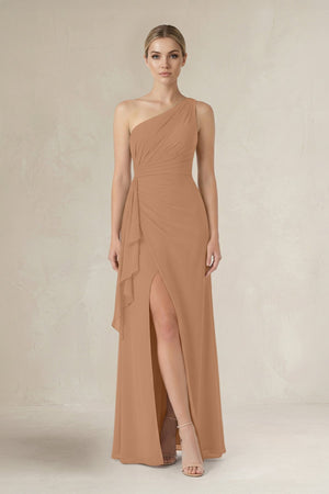 One - Shoulder Sheath Ruched Ruffled Bridesmaid Dress in Bronzer - SHE IS ME Bridesmaid Dresses