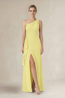 One - Shoulder Sheath Ruched Ruffled Bridesmaid Dress in Buttercup - SHE IS ME Bridesmaid Dresses