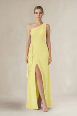 One - Shoulder Sheath Ruched Ruffled Bridesmaid Dress in Buttercup - KISS BRIDAL Bridesmaid Dresses