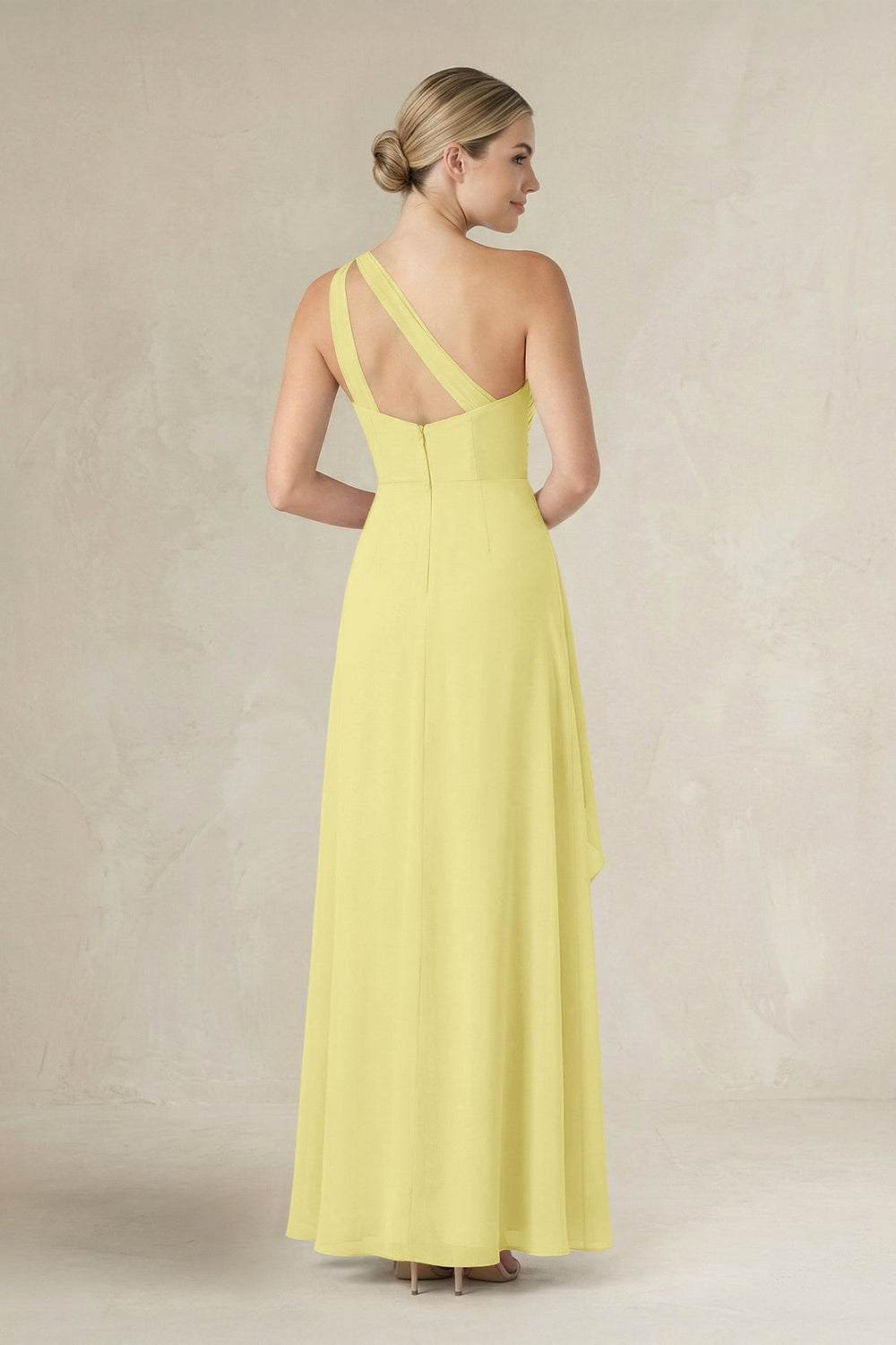 One - Shoulder Sheath Ruched Ruffled Bridesmaid Dress in Buttercup - KISS BRIDAL Bridesmaid Dresses