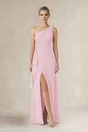 One - Shoulder Sheath Ruched Ruffled Bridesmaid Dress in Candy Pink - SHE IS ME Bridesmaid Dresses