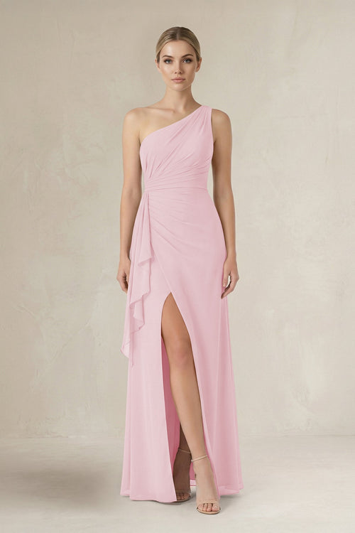 One - Shoulder Sheath Ruched Ruffled Bridesmaid Dress in Candy Pink - SHE IS ME Bridesmaid Dresses
