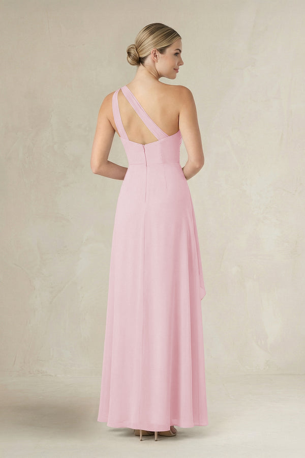 One - Shoulder Sheath Ruched Ruffled Bridesmaid Dress in Candy Pink - SHE IS ME Bridesmaid Dresses