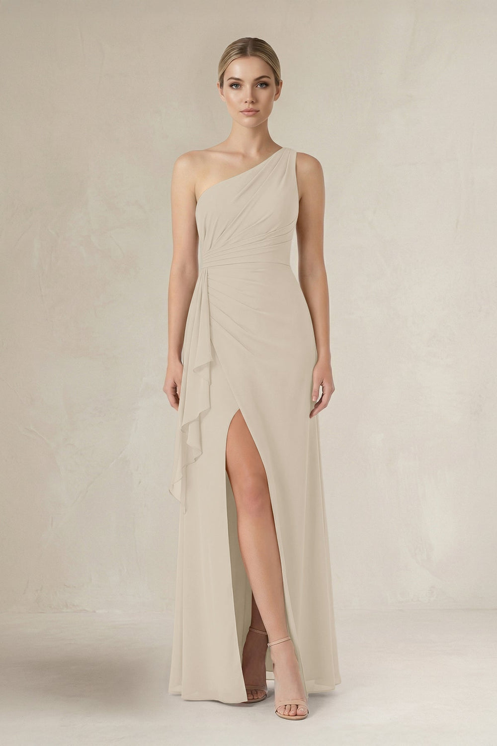One - Shoulder Sheath Ruched Ruffled Bridesmaid Dress in Champagne - KISS BRIDAL Bridesmaid Dresses