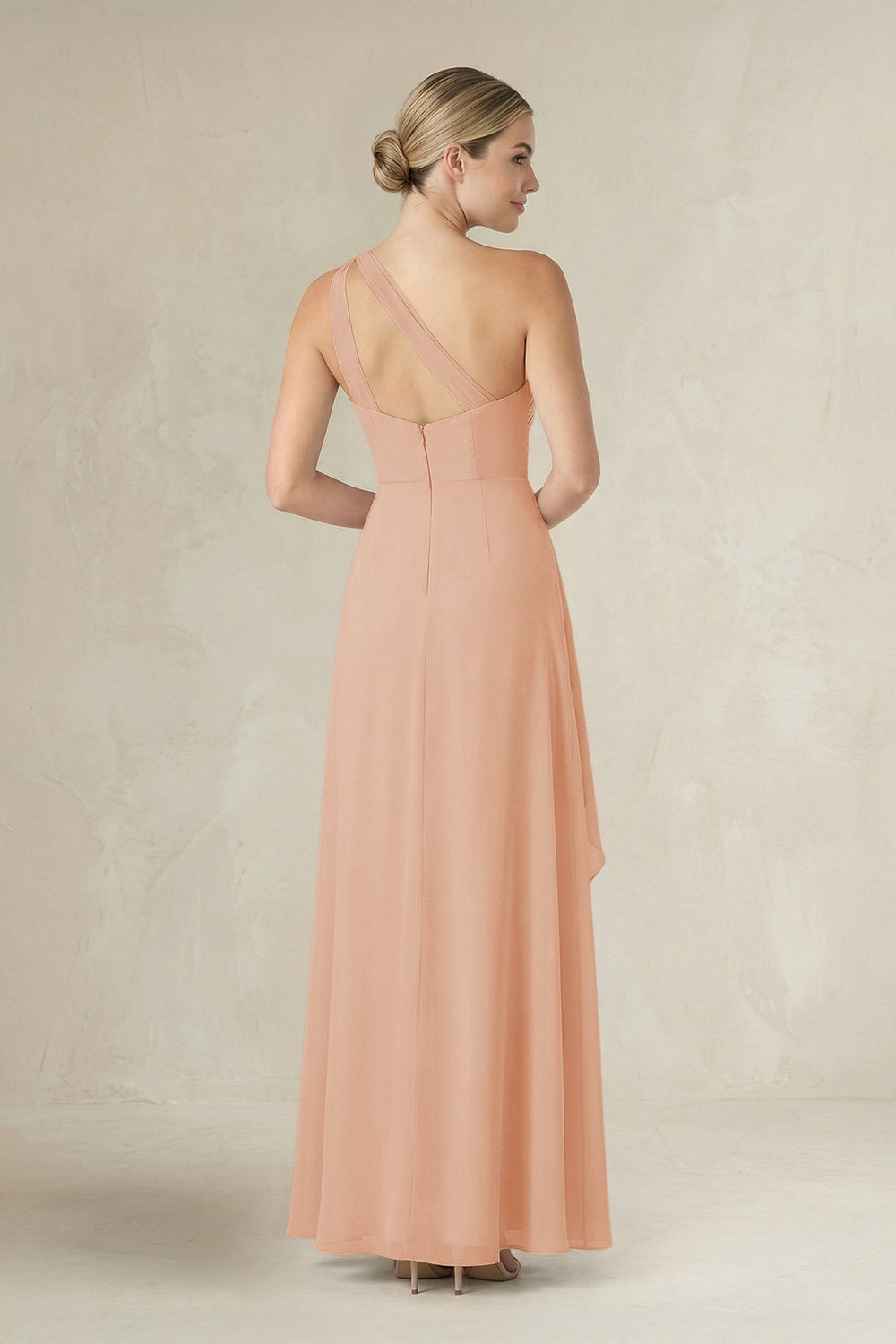 One - Shoulder Sheath Ruched Ruffled Bridesmaid Dress in Champagne Rose - KISS BRIDAL Bridesmaid Dresses
