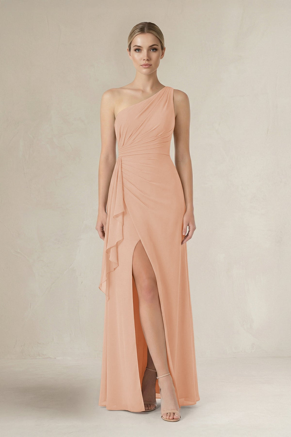 One - Shoulder Sheath Ruched Ruffled Bridesmaid Dress in Champagne Rose - KISS BRIDAL Bridesmaid Dresses