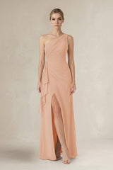 One - Shoulder Sheath Ruched Ruffled Bridesmaid Dress in Champagne Rose - KISS BRIDAL Bridesmaid Dresses