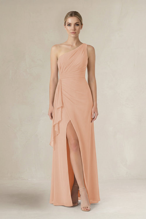 One - Shoulder Sheath Ruched Ruffled Bridesmaid Dress in Champagne Rose - SHE IS ME Bridesmaid Dresses
