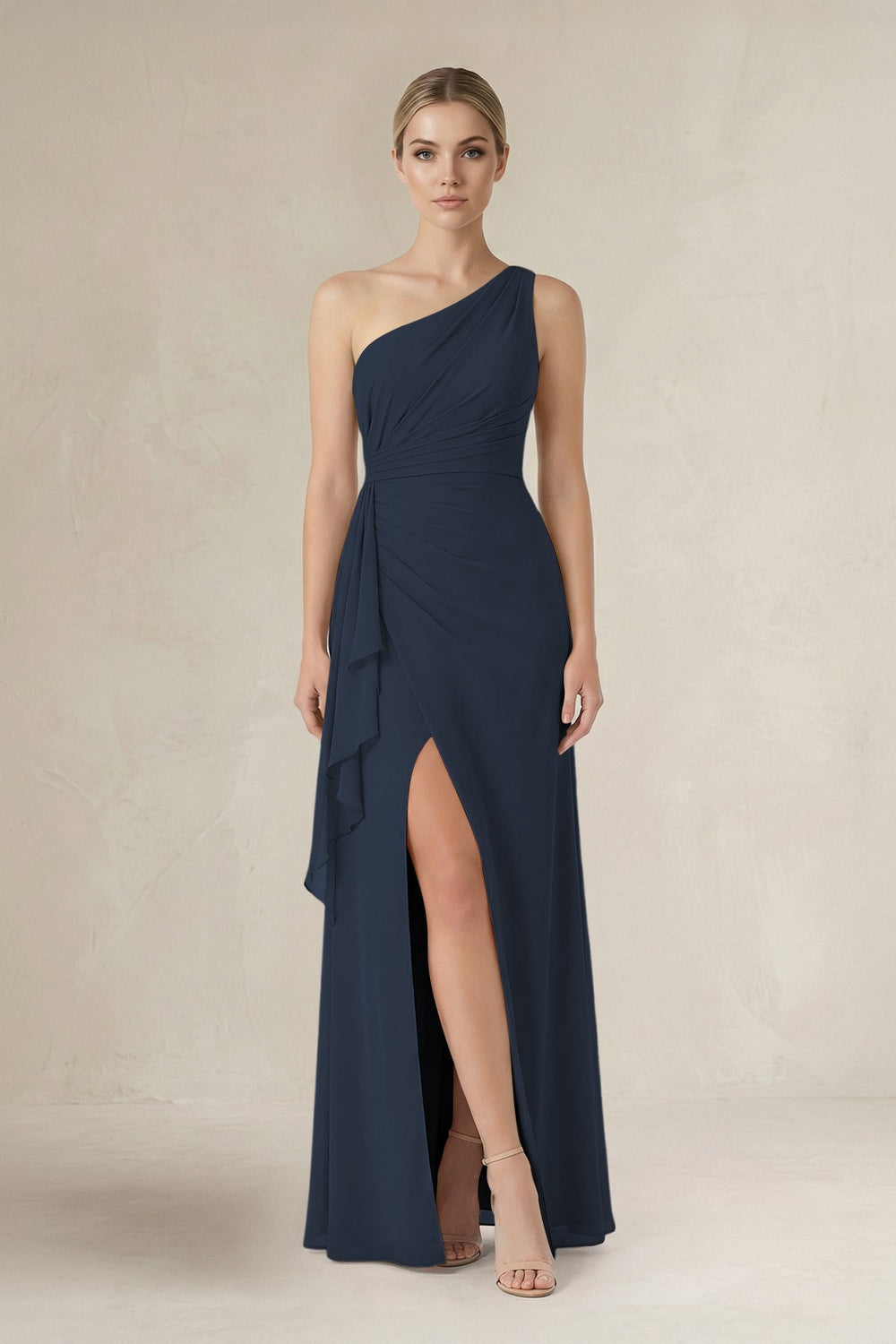 One - Shoulder Sheath Ruched Ruffled Bridesmaid Dress in Dark Navy - KISS BRIDAL Bridesmaid Dresses