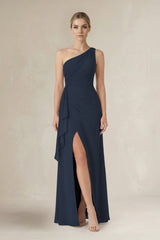 One - Shoulder Sheath Ruched Ruffled Bridesmaid Dress in Dark Navy - KISS BRIDAL Bridesmaid Dresses