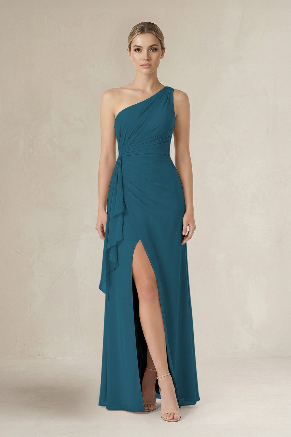 One - Shoulder Sheath Ruched Ruffled Bridesmaid Dress in Dark Teal - KISS BRIDAL Bridesmaid Dresses