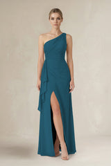One - Shoulder Sheath Ruched Ruffled Bridesmaid Dress in Dark Teal - KISS BRIDAL Bridesmaid Dresses