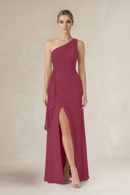 One - Shoulder Sheath Ruched Ruffled Bridesmaid Dress in Desert Rose - SHE IS ME Bridesmaid Dresses
