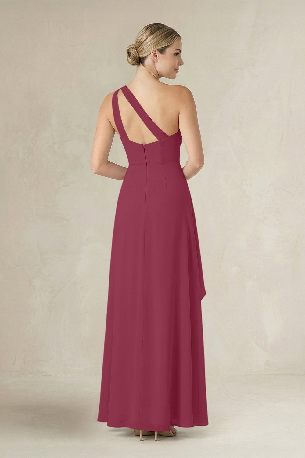 One - Shoulder Sheath Ruched Ruffled Bridesmaid Dress in Desert Rose - SHE IS ME Bridesmaid Dresses