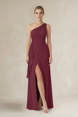 One-Shoulder Sheath Ruched Ruffled Bridesmaid Dress in Desert Rose | KISSBRIDAL