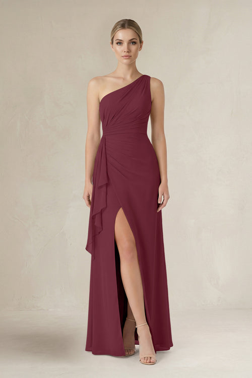 One-Shoulder Sheath Ruched Ruffled Bridesmaid Dress in Desert Rose | KISSBRIDAL