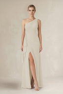 One - Shoulder Sheath Ruched Ruffled Bridesmaid Dress in Dove Gray - SHE IS ME Bridesmaid Dresses