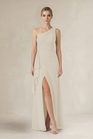 One - Shoulder Sheath Ruched Ruffled Bridesmaid Dress in Dove Gray - SHE IS ME Bridesmaid Dresses