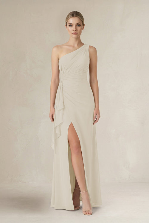 One - Shoulder Sheath Ruched Ruffled Bridesmaid Dress in Dove Gray - SHE IS ME Bridesmaid Dresses