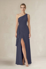 One - Shoulder Sheath Ruched Ruffled Bridesmaid Dress in Dusk Blue - KISS BRIDAL Bridesmaid Dresses