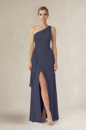One - Shoulder Sheath Ruched Ruffled Bridesmaid Dress in Dusk Blue - SHE IS ME Bridesmaid Dresses