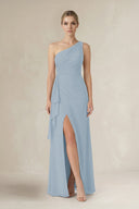 One - Shoulder Sheath Ruched Ruffled Bridesmaid Dress in Dusty Blue - SHE IS ME Bridesmaid Dresses
